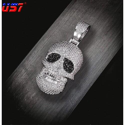 US7 Skull Head Shape Pendant In White Gold Iced Out Solid Back Pendant Paved CZ Stones Hip Hop Charm Copper Chains Jewelry Gift