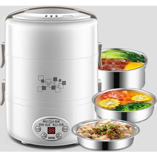 220V Multifunction Electric Lunch Box 3 Layer Stainless Steel Liner Rice Cooker 2L Food Containers Insulation Heating Food