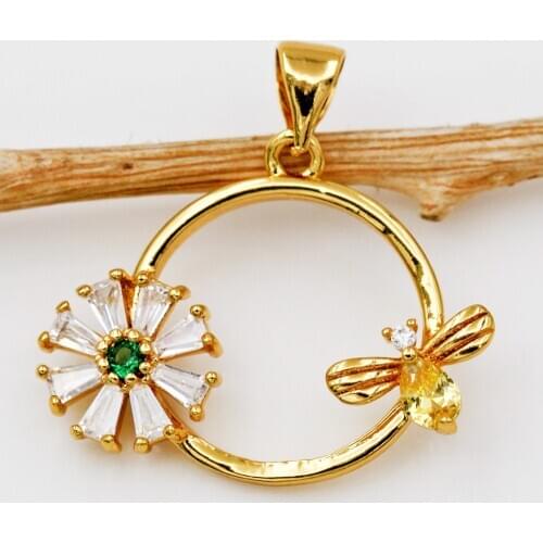 Trendy Gold Plated Plant Flower Bee Pendant With White Zirconia Copper For Women Girls Fashion Jewelry Accessories Party Weddin