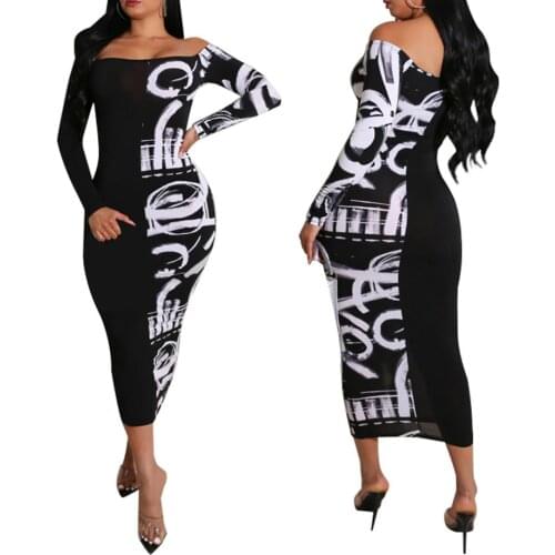 Fashion Women’s Off Shoulder Bodycon Dress Trendy Graffiti Print Long Sleeve Letter Printed Dresses Plus Size Midi Dress