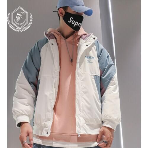 Men Fashion Loose Print Fleece Heavyweight Jacket Casual Patchwork Hip Hop Parkas Coat