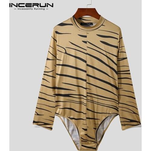 Men Bodysuits Printed Turtleneck Autumn Long Sleeve Fitness Sexy Underwear Rompers 2021 Cozy Casual Men Bodysuit S-5XL INCERUN