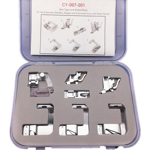 7 piece Bias Hemmer Binder Foot Set CY-007-001 For Singer Brother Toyota Pfaff Babylock Home Low-Shank Sewing Machine 7YJ50