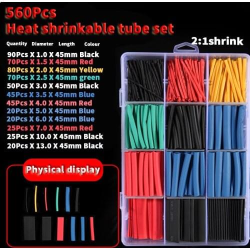 560pcs Heat Shrinkable Tube Kit Shrinking Assorted Polyolefin Insulation Sleeving 2:1 Wire Cable Sleeve Kit DIY Wire Repair