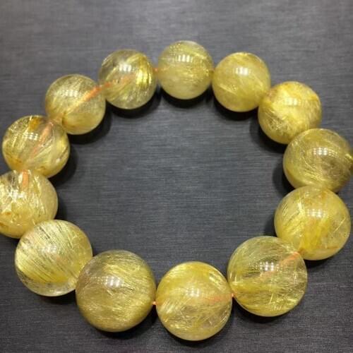 18mm Genuine Natural Brazil Gold Rutilated Titanium Quartz Crystal Woman Man Clear Round Beads Bangle Wealthy Bracelet AAAAA