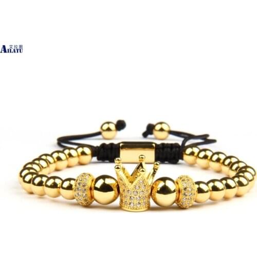 New Luxury Clear Cz Cylinders Beads Crown Shape Braiding Bracelets Men Golden Color Bangles Drop Shipping Logo Engrave