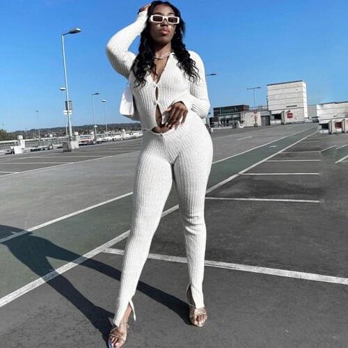 Autumn Streetwear Casual 2 Two Piece Sets Womens Outfits Buttons Crop Top Split Pants Sets White Bodycon Tracksuit Women