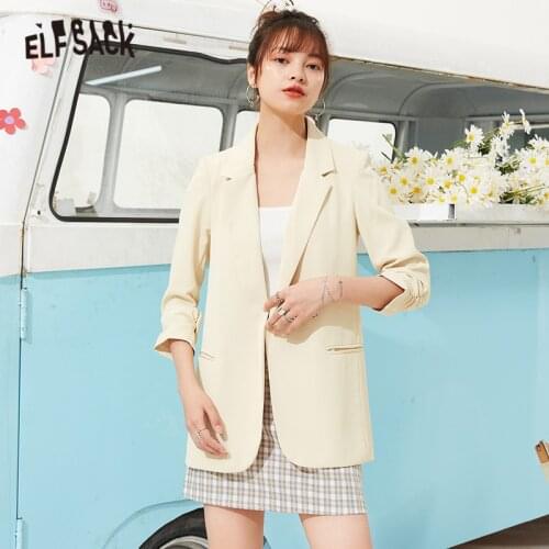 ELFSACK Solid Single Breasted Korean Blazer Women Jacket,2021 Summer Vintage Feminism Ladies Oversize Daily Outwears