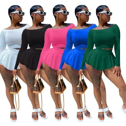 Sexy Two Piece Set Women Fall Fashion Commuter Street Wear Pure Color Long Sleeves Casual Skirt Suits Wholesale Dropshipping
