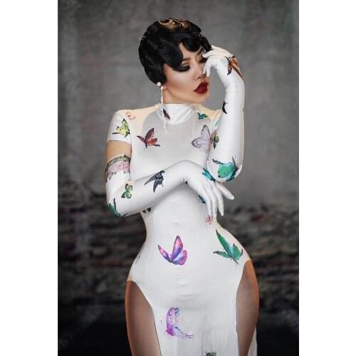 Chinese Classical Butterfly Sexy Cheongsam Women White Stretch Slim High Slit Party Long Dress Club Prom Singer Stage Dress