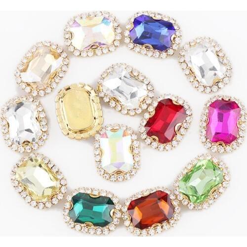 Rectangle Octagon Gold Base Sew On With Colorful Glass Stone Claw Crystal Buckle Cabochon Base DIY Jewelry Clothes Charm