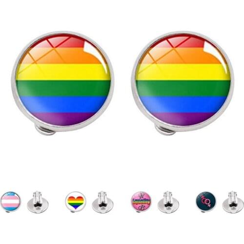 Gay Pride Silver Color Clip on Hoop Earrings Lgbt Gay Pride Ear Clips for Women Glass Cabochon Jewelry for Women Men Lover