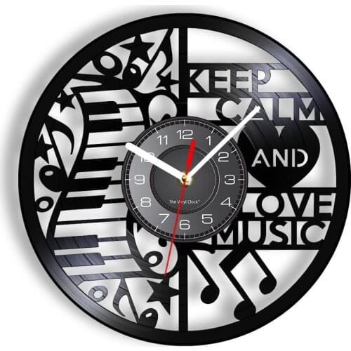 Keep Calm And Love Music Saying Laser Cut Gramophone Music Record Wall Clock Piano Keyboard With Music Notes Silent Quartz Clock