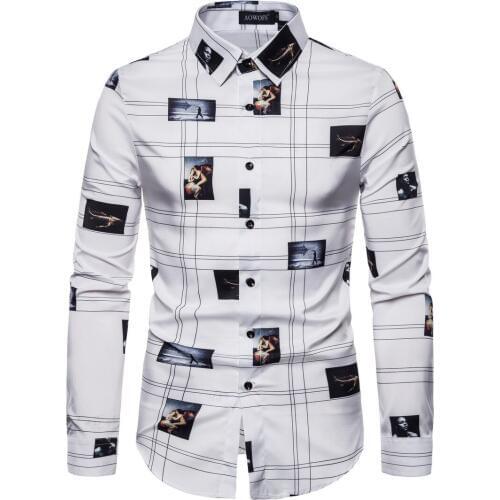 YS025 European Fall 2019 New Fashion Autumn Clothing Plus Size Long Sleeve Mens Printed Shirt