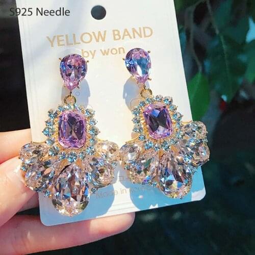 925 Sterling Silver Needle Dangle Drop Earrings for Women Jewelry Luxury Purple Crystal Stone Female Earrings