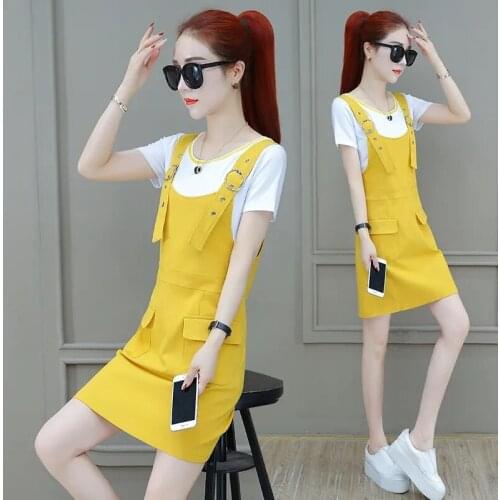 Casual Strap Dress Women Summer 202 1 Lady Fashion Two-piece Suit Short Sleeve T Shirt And Strap Dress Set Popular Summer dres B