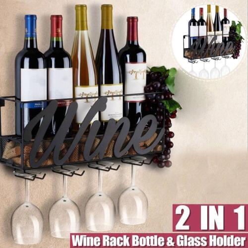 45x13x22cm Wall Mounted Wine Rack Bottle Store Champagne Shelf With 4 Built-in Wine Glass Holders And Extra Cork Tray
