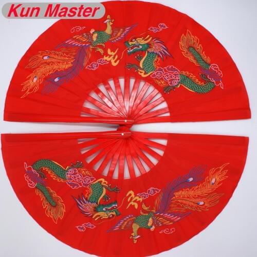 Bamboo Double Left And Right Tai Chi Fan Martial Arts Fan Kung Fu Fans China Dragon And Phoenix Pattern Red Cover