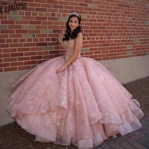 Sparkly Pink Sweetheart Quinceanera Dresses 2021 Spaghetti Straps Princess Lace Sequins Pageant Party Sweet 15 Ball Gown