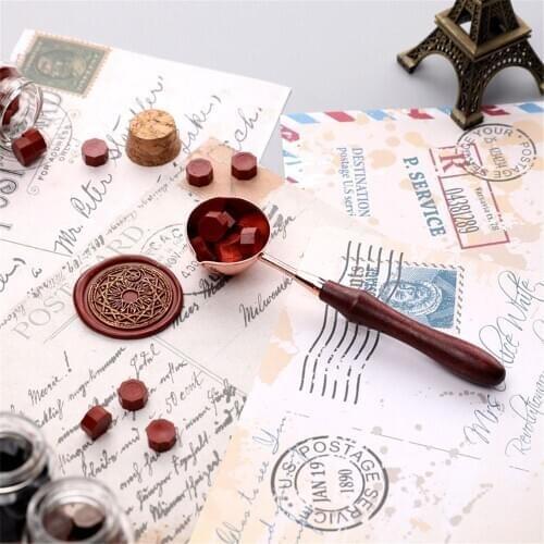 Big Copper Wax Melting Spoon Stamp Sealing Spoon Wooden Handle Brass Spoon for Wedding Post Gift Vintage Art Craft Card Making