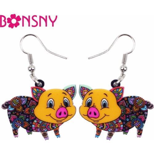 Bonsny Big Long News Acrylic Drop Dangle Anime Smile Pig Piggy Earrings Unique Style Fashion Jewelry For Girls Women Teen Gift
