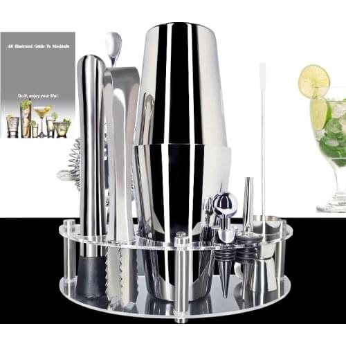 1-12 Pieces Martini 450/600/750ml Boston Cocktail Shaker Bar Tools Set Stainless Steel Bartender Kit with Stand + Drink Recipe