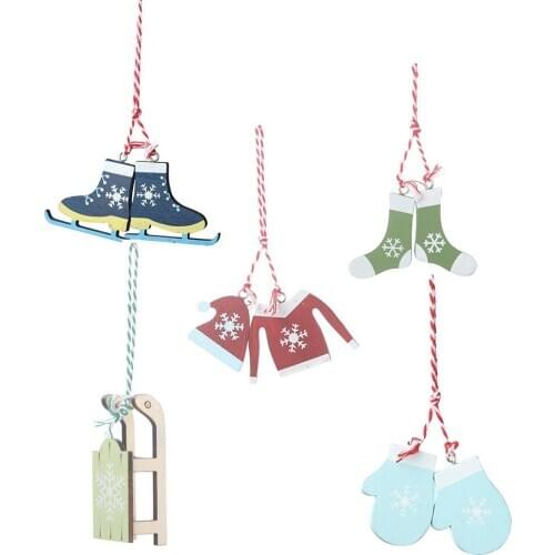 2020New Christmas Ornament Wooden Snowboard Bag Pendant Clothes Hat Sleigh Tree Hanging Doors and Windows Family 5 Pieces/Set