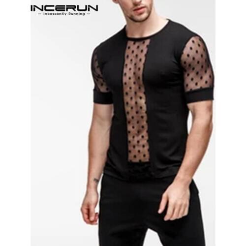 INCERUN Fashion Mesh Patchwork T Shirt Men Casual Short Sleeve O Neck Streetwear 2021 Tees Summer NightClub Party T-shirts S-5XL
