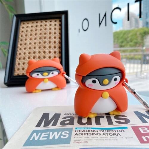Cute 3D Cartoon Cloak Penguin Silicone Case For Apple Airpods 1 2 pro Wireless Headphone Product Cover Box With Hook Keyring