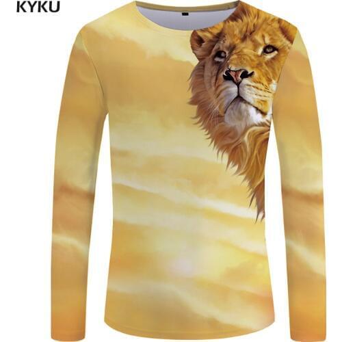 KYKU Lion Long T-shirt Men Yellow Animal T Shirt Space 3d Print T Shirt Hip Hop Long Sleeve Shirt Punk Rock Mens Clothing New