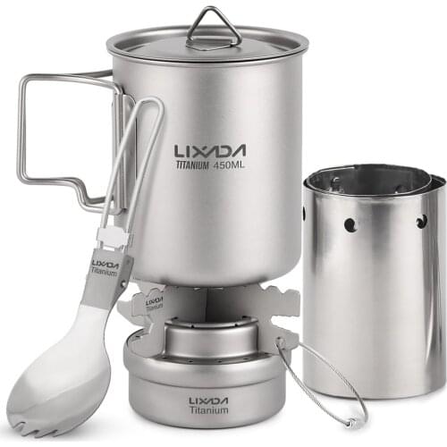 5pcs Outdoor Camping Cookware Set 450ml Water Mug Cup 750ml Pot Alcohol Stove Cross Stand Rack with Foldable Spork Windscreen