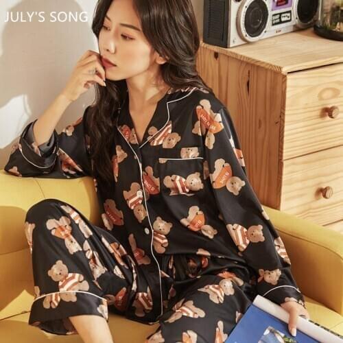 JULYS SONG Satin Bear Print Pajamas Set 2 Pieces Cute Casual Female Faux Silk Spring Summer Sleepwear Trousers Suit Homewear
