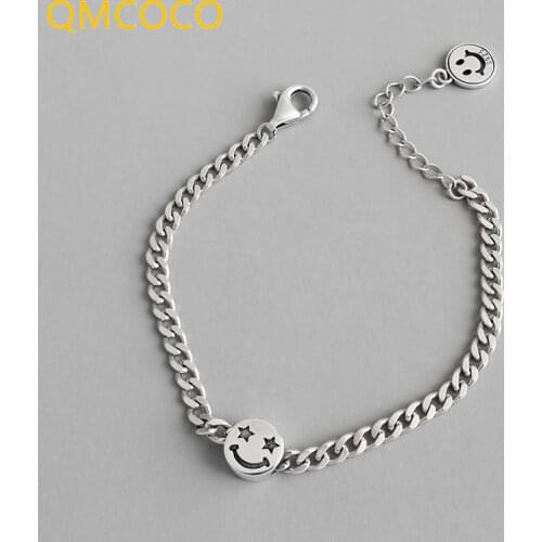 QMCOCO 925 Sterling Silver Simple Retro Smile Face Pentagonal Star-Shape Adjustable Bracelet For Women Jewelry Party Gifts