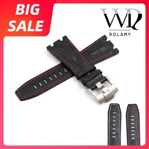 Rolamy 28mm Top Quality Real Leather Thick Wrist Watch Band Strap With Silver Buckle For Audemars Piguet 42mm Royal Oak Offshore