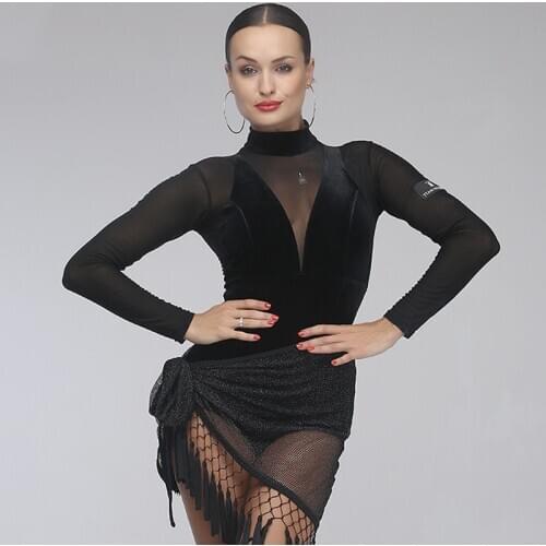 New Latin Dance Costumes Women Sexy Velvet Mesh Black Tops Long Sleeve Leotards Adult Ballroom Dance Shirt Samba Clothes VDB3234