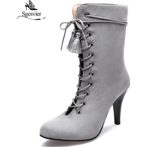 Sgesvier Womens Boots Fashion Thin High Heel Lace Up Ankle Boots Ladies Platform Shoes Winter Boots Women botas Size 31-48 OX494