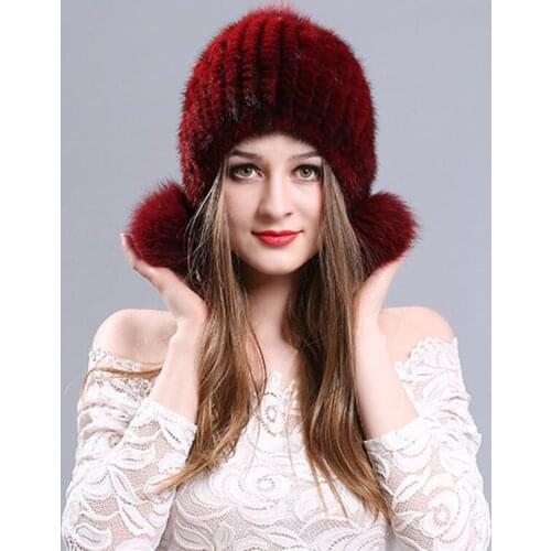 2018 Hot Sale 100% Mink Fur Women Winter Hat Knitted Cap Women Hat Mink Fur Bomber Hat Female Ear Warm Winter Must L#72