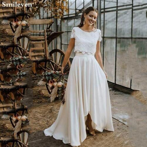 Smileven Boho Wedding Dresses 2 Pieces High Low Lace Appliques Wedding Bridal Gowns Short Sleeve vestido de noiva