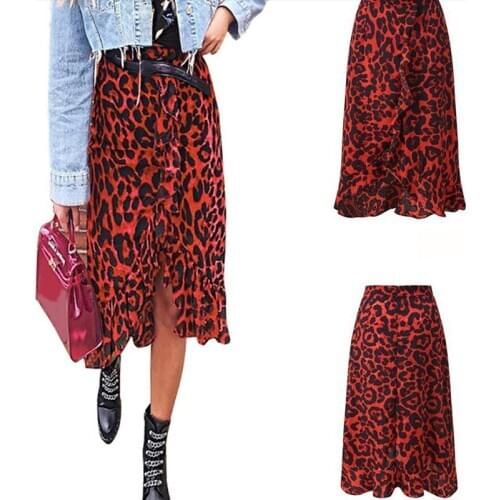 Red Leopard Print Sexy Skirts Women High Waist Split Skirt Femme Asymmetrical Irregular Ruffled Skirt Casual Office Lady Skirt