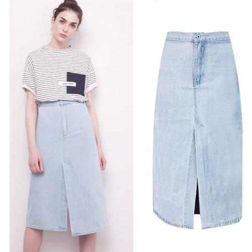 Women Long Skirt Jeans Denim Elegant High Waist Midi Skirt A Line Front Slit Outfits Korean Harajuku School Office Lady Street
