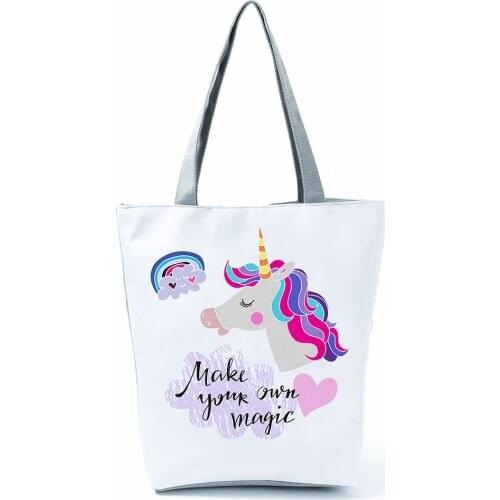 Unicorn Printed Female Shopping Bag Fashion Letter And Rainbow Large Capacity Shoulder Bag Travel Beach Handbag Custom Pattern