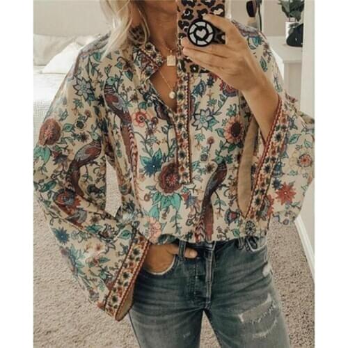 Plus Size Autumn Chic Blouses Women Peacock Floral Print Long Sleeve Shirts Women Casual V-neck Boho Blouse Tops Female