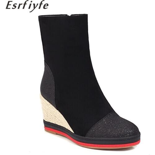 ESRFIYFE 2020 New Winter Women Ankle Boots Platform Weaving Wedge Heels Booties Female Autumn Shoes Woman Chaussure Femme Bling