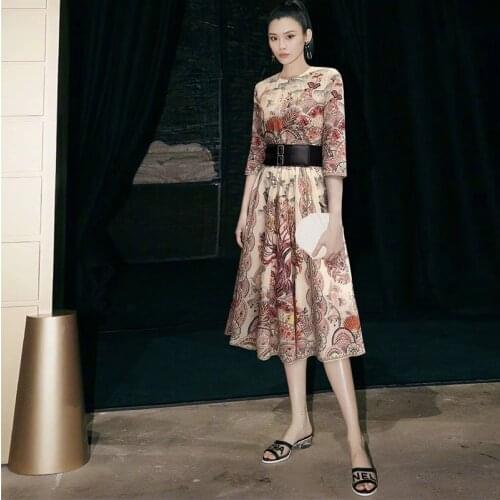 100% cotton women dresses with belt 2021 spring women printed vintage dress quality runway dress
