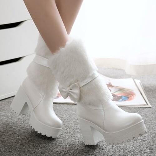 AIWEIYi Winter Snow Boots for Woman Pink White Sweet Bow Platform Pumps Fur Warm Winter Shoes Ladies Botas Mujer Lady Shoes