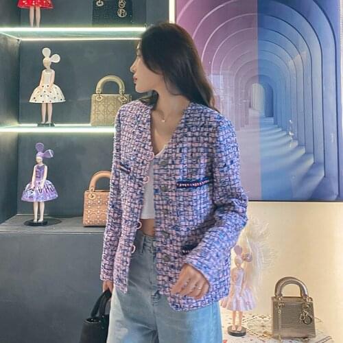 Chic Luxury Women Purple Tweed Woven Plaid V-Neck Long Sleeve Top Coat Jacket Fall Winter New Short Coat Vestido 2021 Clothes