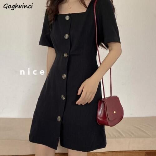 Short Sleeve Dress Women Summer Square Collar Single-breasted Mini Korean Style Simple Trendy Womens Leisure Slim Elegant Chic