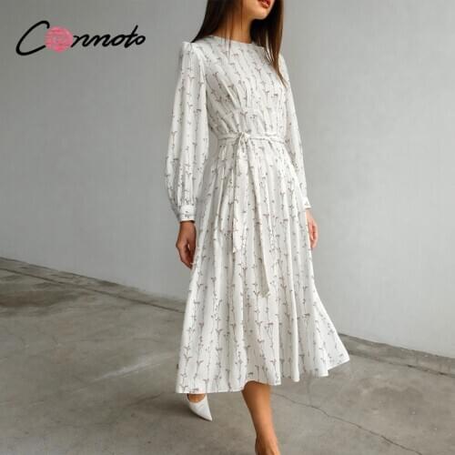 Conmoto Long Puff Sleeve Flower Printed Dress Women High Waist Spring Dresses Elegant Retro With Belt Female Floral Long Dresses