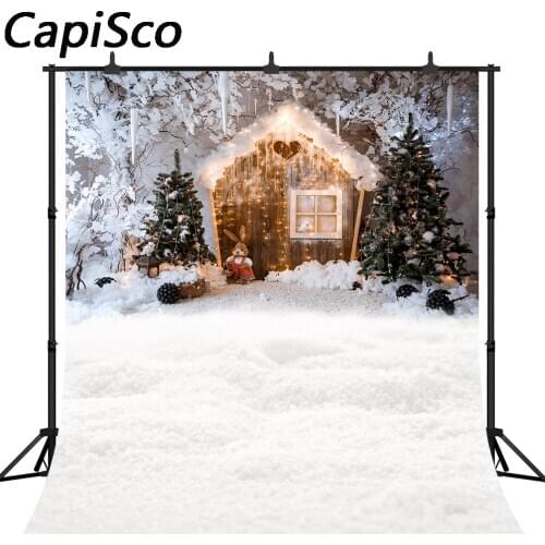 Capisco Winter Christmas Backdrops For Photography Snow Wooden House Dolls Tree Fruit Dreamy World Background Photo Studio