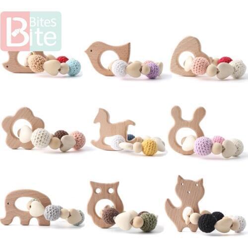 Bite bites1pc Baby Wooden Teether Baby Rattle Crochet Beads Gifts For New Year Teething Bracelet Food Grade Teether Safe Toys